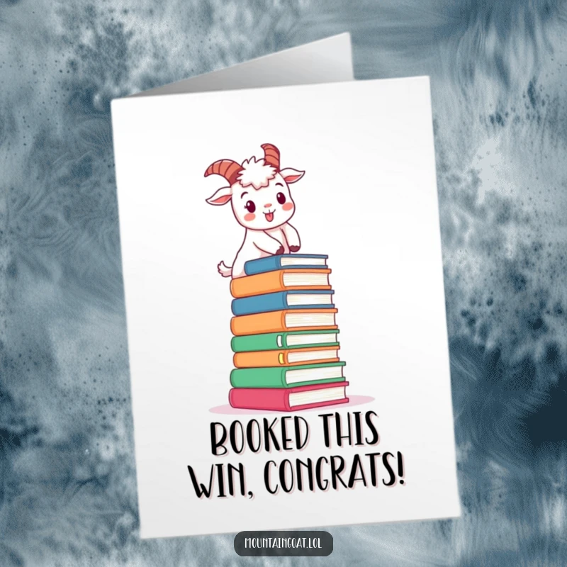 Funny Free Printable Mountain Goat Congratulations Card: A determined goat cheerfully climbs stacked books, celebrating achievements with a scholarly smile.