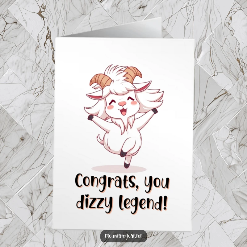Funny Free Printable congratulations card: A mountain goat with fur blowing in the wind, energetically spinning in celebration.