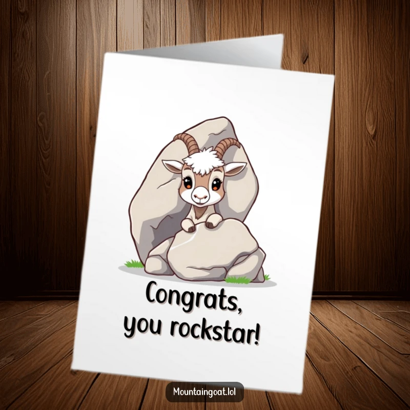 Curious Free Printable Congrats Card: A mountain goat peeking out from behind a smooth, large rock with interest.