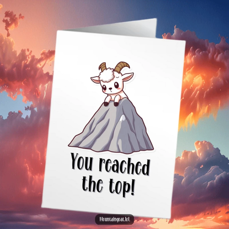 Funny free printable Kawaii mountain goat congratulations card, looking down from a high peak with curiosity and accomplishment.