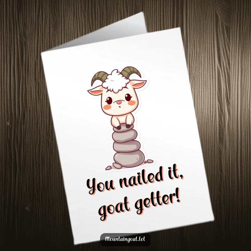 Funny free printable congratulations card: A cheerful mountain goat stacking pebbles, symbolizing a great accomplishment. Downloadable and easy to print.
