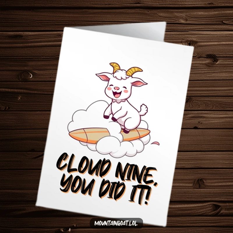 Funny Free Printable Congratulations Card: Goat catching waves on a cloud, symbolizing triumphant celebration.