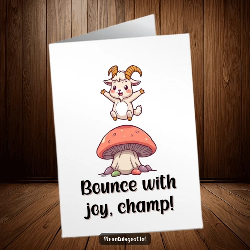 Funny Free Printable congratulations card of a mountain goat joyfully bouncing on a giant mushroom, celebrating your amazing achievement.