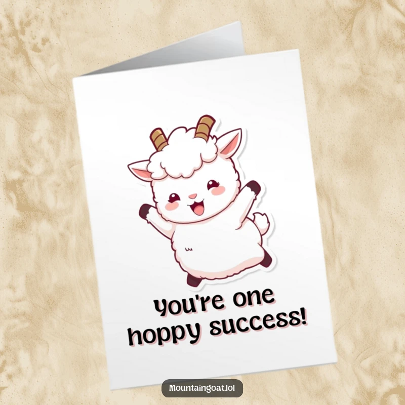 Funny Free Printable Congratulations Card: Fluffy mountain goat leaping joyfully, celebrating a win with uncontainable happiness, a downloadable gift.
