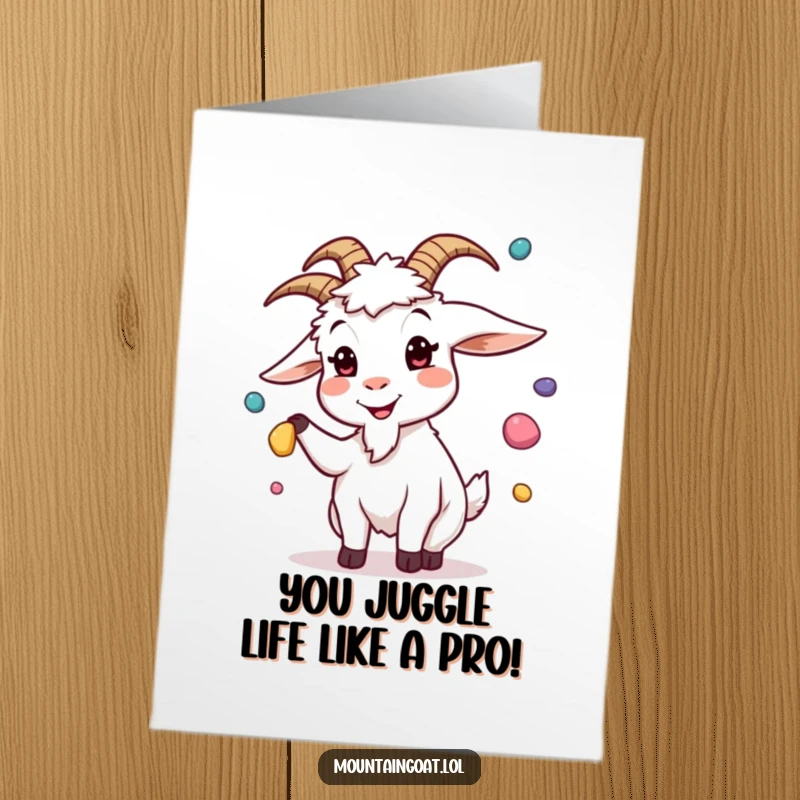 Funny Free Printable Congrats Card: A goat skillfully juggles pebbles with a silly grin, perfect for celebrating a win. DIY.