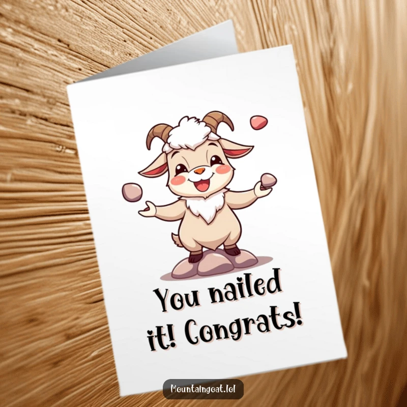 Funny Free Printable Congrats Card: A joyous mountain goat expertly juggling three shiny pebbles, celebrating their amazing achievement.
