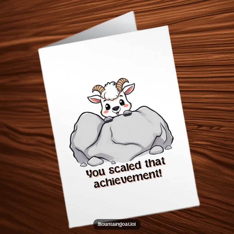 Funny Free Printable Congrats Card: Mischievous kawaii goat peeking from behind a rock, celebrating success with a cheeky grin.