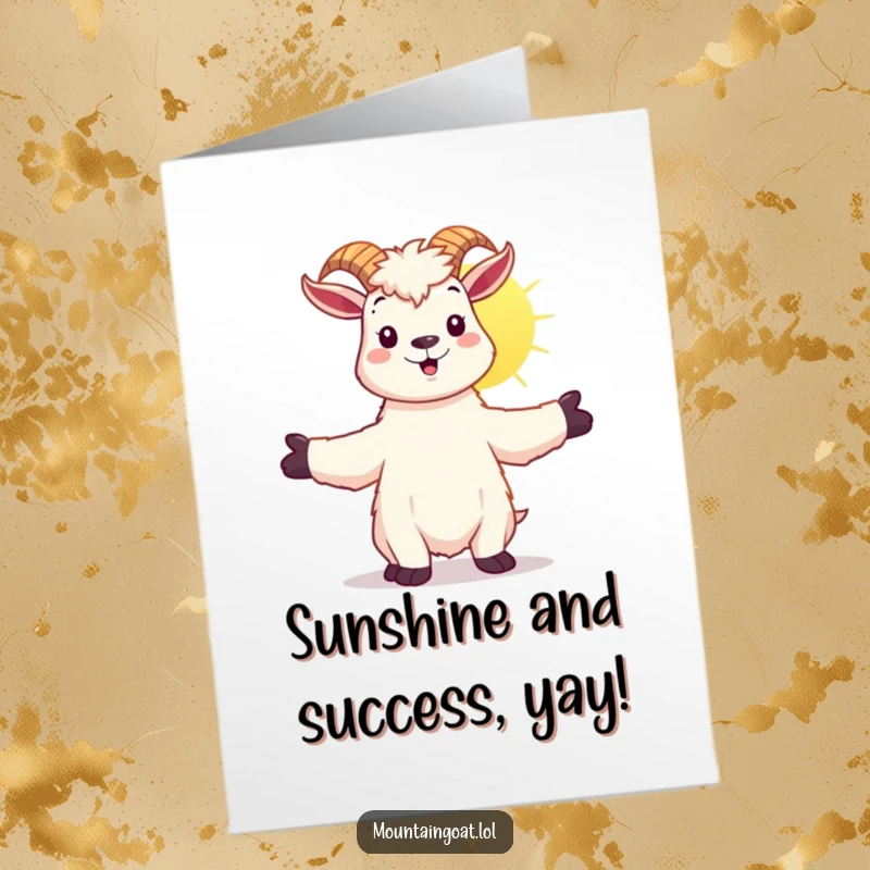 Funny Free Printable Congrats Card: Joyful kawaii mountain goat with arms outstretched, embracing golden sunshine in celebration.