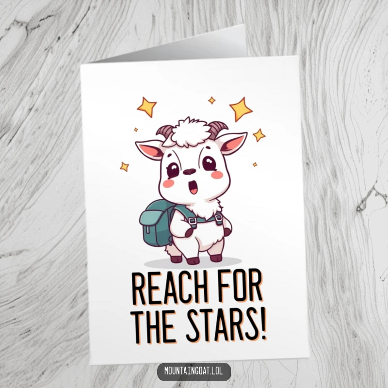 Funny Free Printable Congratulations Card: Startled mountain goat with backpack looks up at stars, celebrating cosmic achievements.