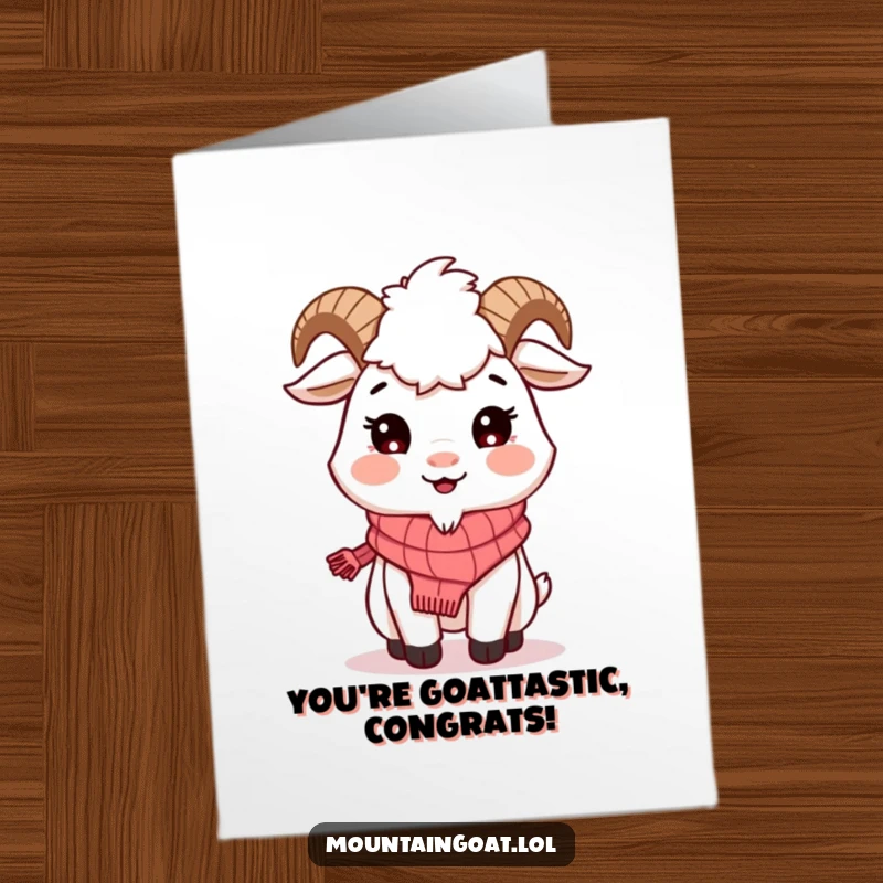 Funny Free Printable Congratulations Card: A smiling mountain goat wearing a knitted scarf is ready to celebrate.