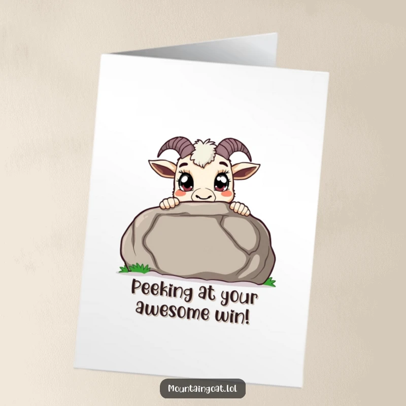 Funny free printable congratulations card: A curious mountain goat with large pupils peeks over a boulder, celebrating a new discovery.