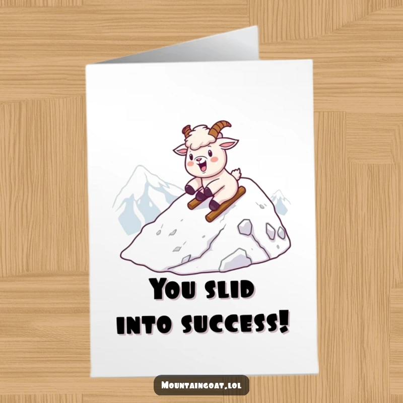 Funny Free Printable Congratulations Card: A Kawaii mountain goat gleefully sliding down a snowy mountain, celebrating a big win.