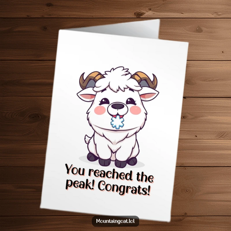 Funny Free Printable Congratulations Card: A delighted Kawaii mountain goat catching a snowflake, celebrating your big win!