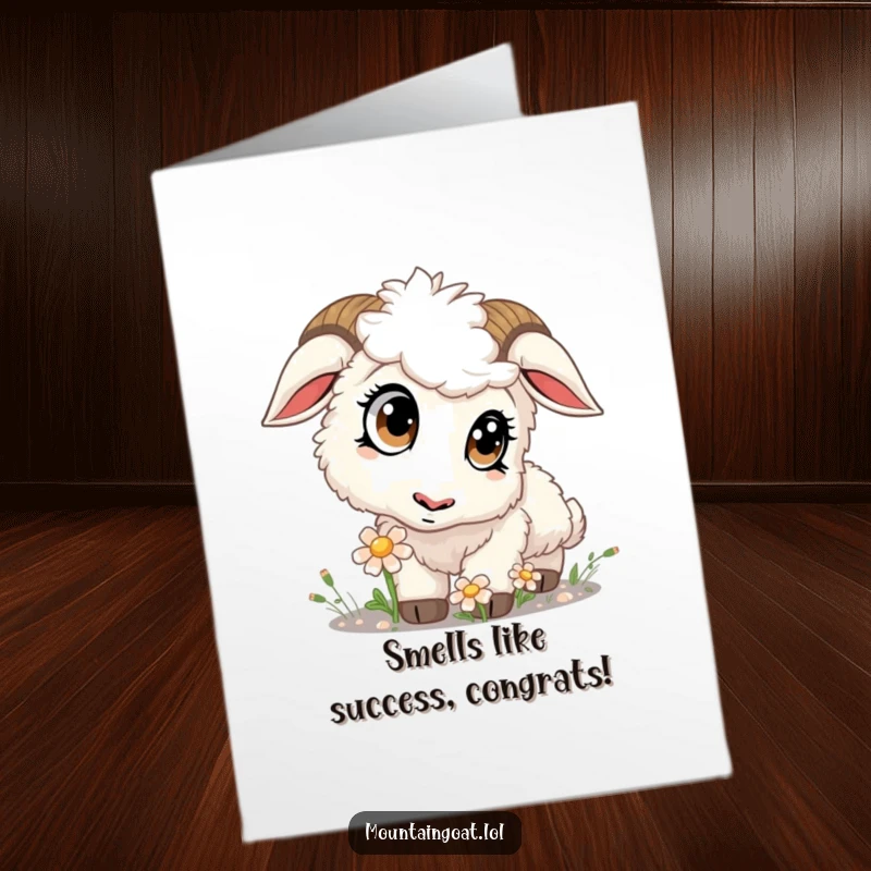 Funny Free Printable Kawaii Mountain Goat Card: Fluffy goat with big eyes sniffing a flower to congratulate someone.