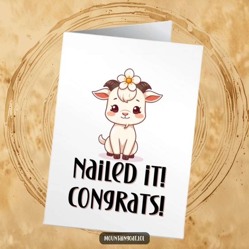 Funny Free Printable Congrats Card: Goatee triumphantly balancing a flower on its head, celebrating success.