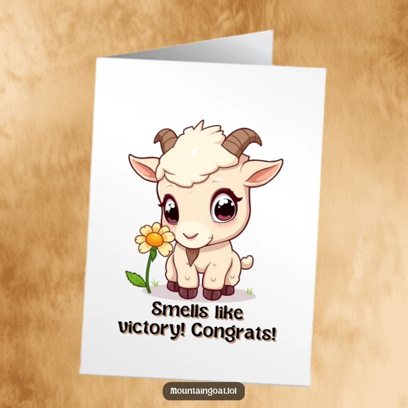 Funny Free Printable Congratulations Card: A wide-eyed Kawaii mountain goat curiously sniffing a small flower, celebrating new beginnings.