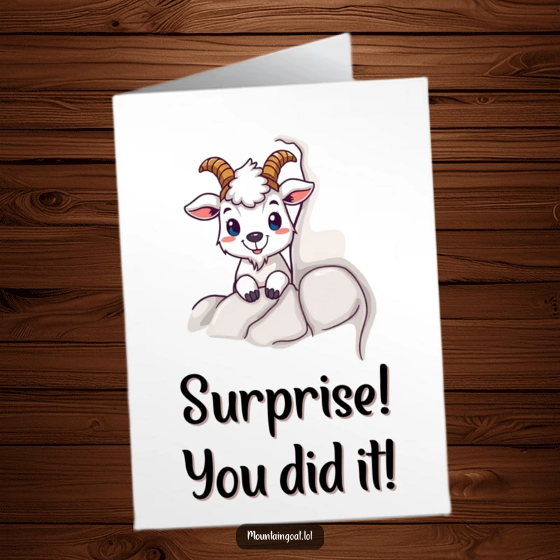 Funny Free Printable Congratulations Card: Curious mountain goat peeking from behind a rock, suggesting hidden success, a humorous downloadable gift.