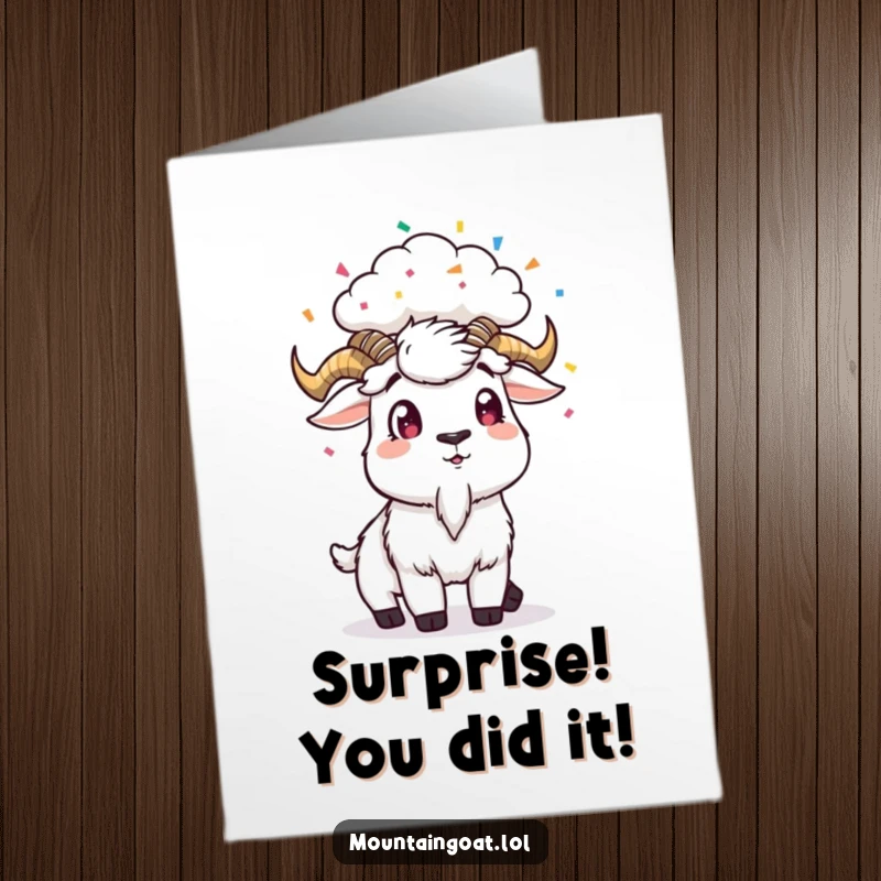 Funny Free Printable Congrats Card: A mountain goat looks comically shocked as a small cloud above it rains down colorful confetti.