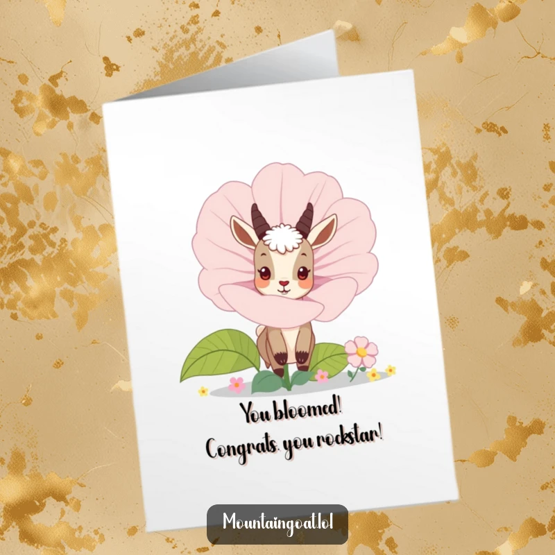 Funny Free Printable Congrats Card: A curious mountain goat peeking out from behind a giant flower, celebrating your wonderful news.