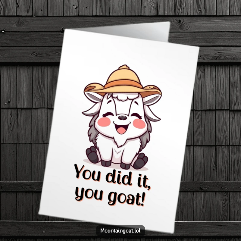 Funny Free Printable congratulations card of a mountain goat in a jaunty hat, tipping it with glee for your success.