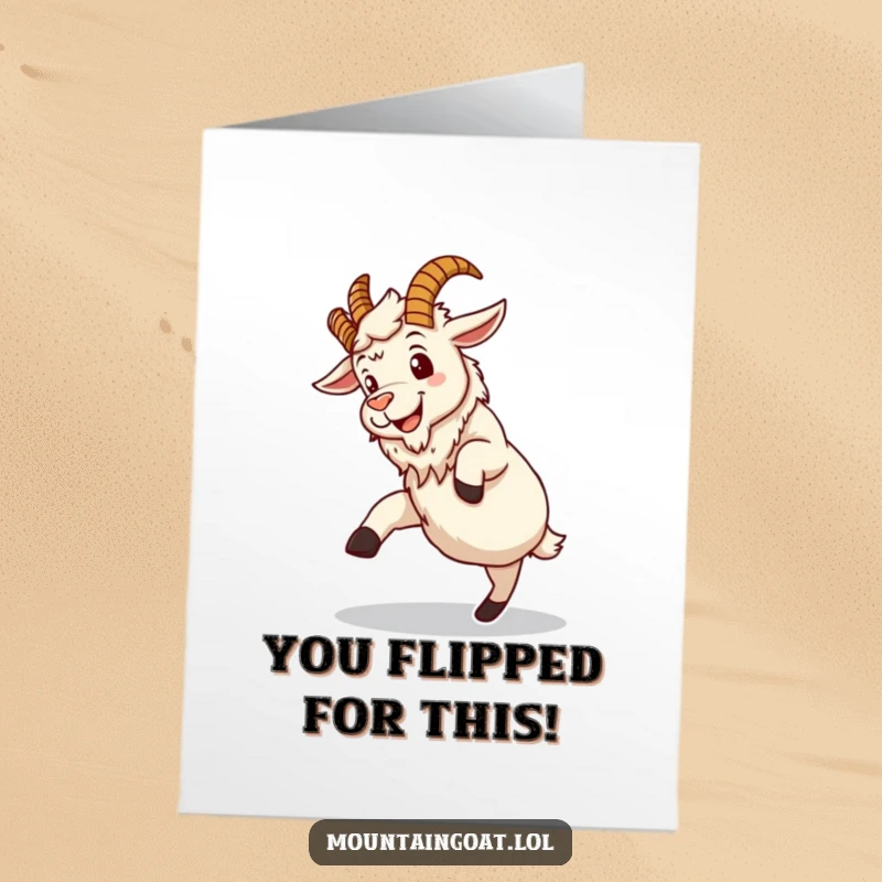Funny Free Printable Congratulations Card showing a silly-grinned mountain goat mid-somersault, looking endearingly clumsy.