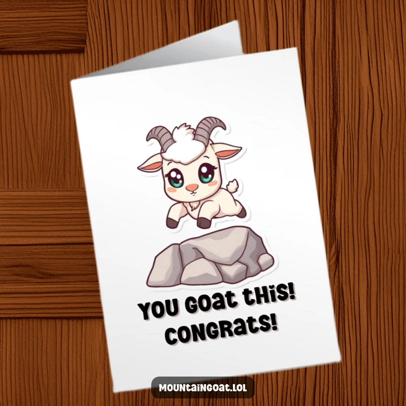 Funny free printable congratulations card: Big-eyed kawaii mountain goat bravely leaps a gap, celebrating a successful achievement with humor.