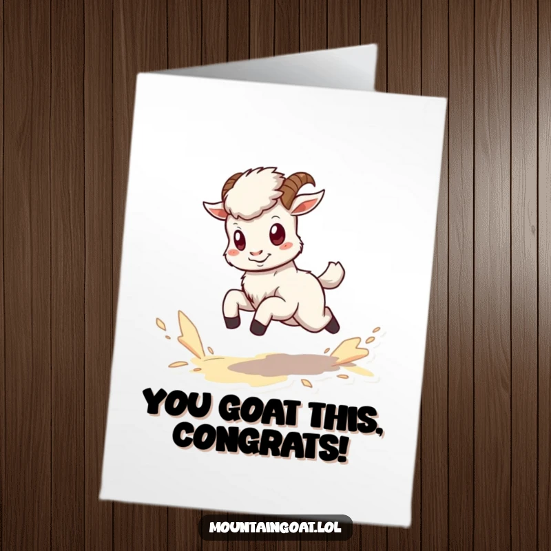Funny Free Printable Congratulations Card: An adorable kawaii mountain goat, full of energy, kicking up dust in a triumphant run.