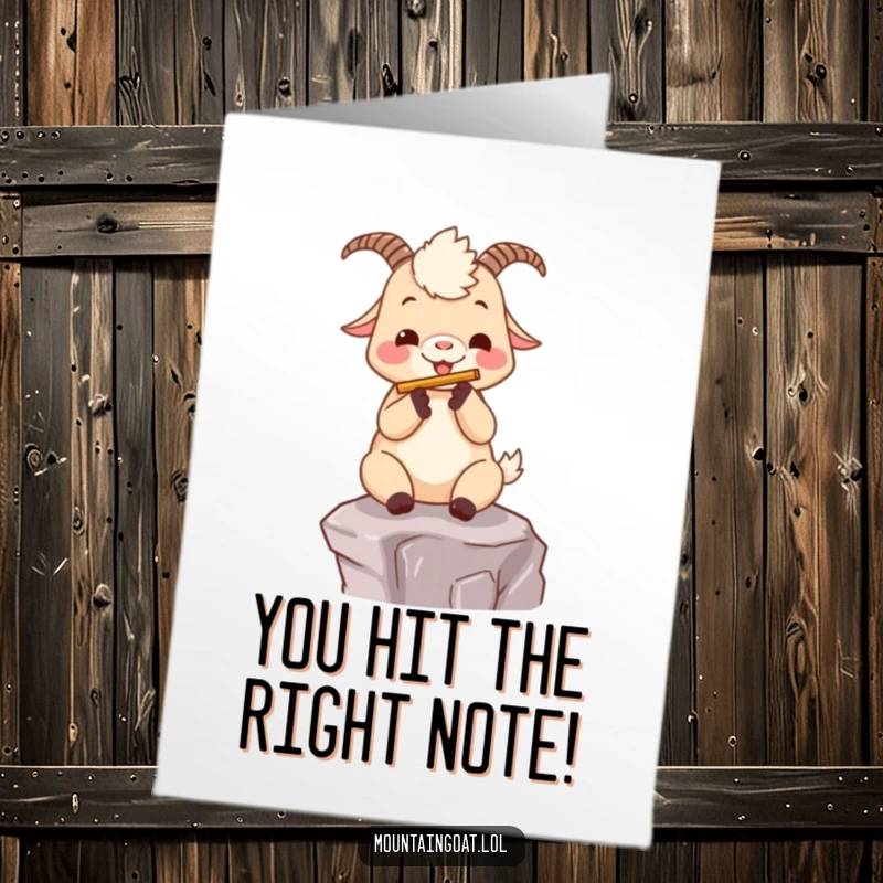 Funny Free Printable Congratulations Card: A joyful Kawaii mountain goat playing a tiny flute on a mountain ledge, celebrating success musically.