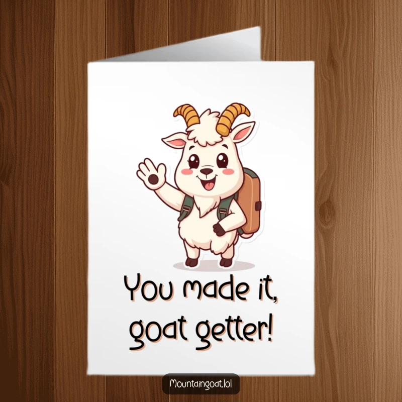 Funny Free Printable Congrats Card: A smiling mountain goat with a backpack waves enthusiastically, offering a friendly greeting and good luck.