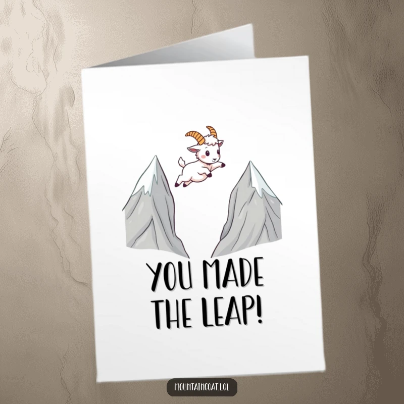 Funny Free Printable Congratulations Card: A determined kawaii mountain goat soaring over a gap, celebrating a successful big achievement.