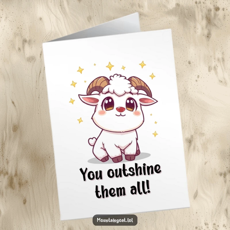 Funny Free Printable Congratulations Card: A mountain goat with wide eyes looking up at a sky full of twinkling stars.