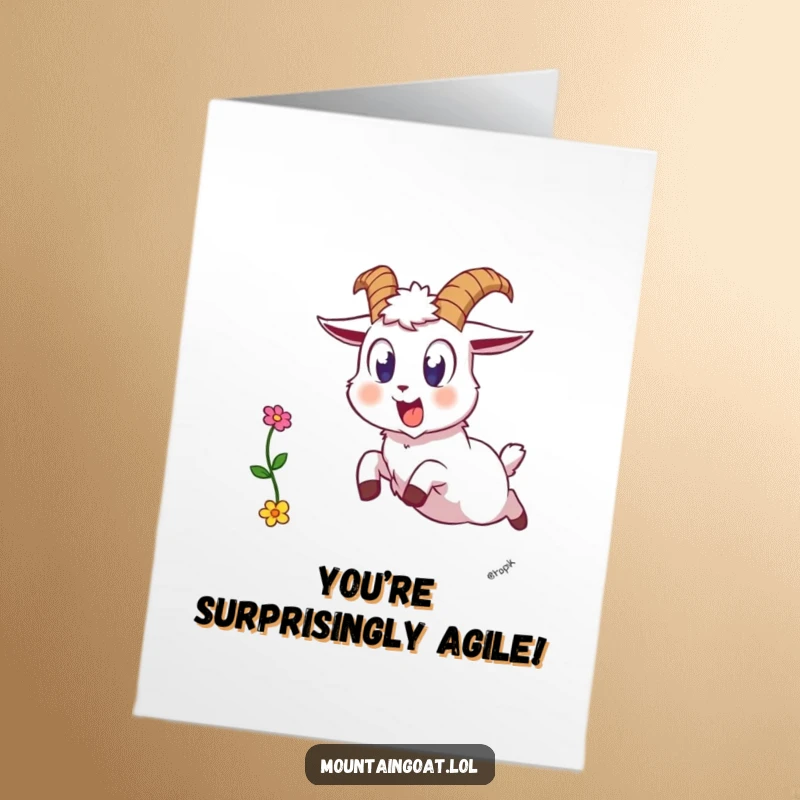 Funny Free Printable Congratulation Card: A wide-eyed mountain goat startled mid-leap, dropping a flower.
