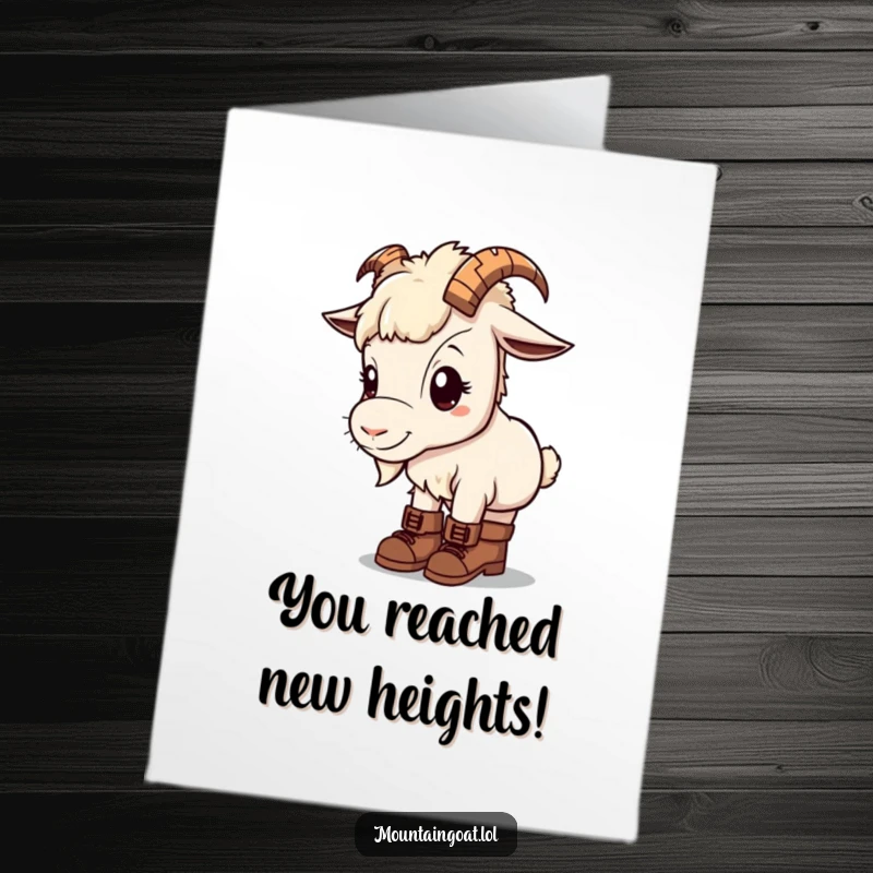 Sweet free printable congratulations card showing a curious kawaii mountain goat wearing miniature hiking boots.
