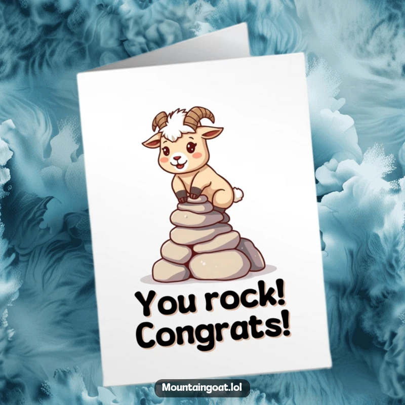 Funny Free Printable Congratulations Card: A determined Kawaii mountain goat balancing a precarious stack of small rocks, symbolizing success.