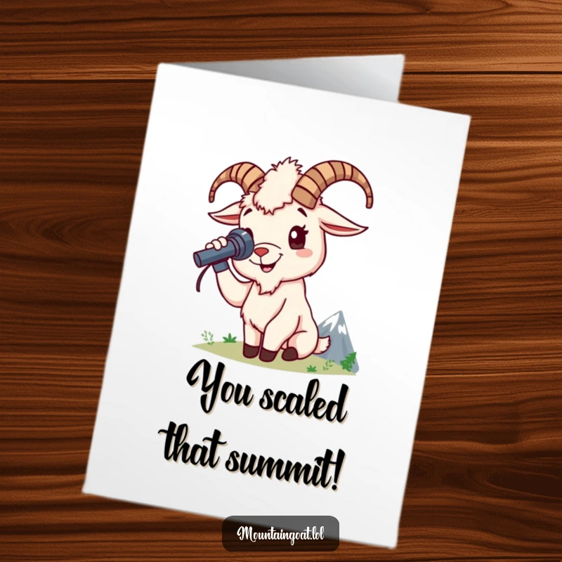 Funny Free Printable Congrats Card: A mountain goat with a spyglass looks towards a distant peak, symbolizing achievement and vision.
