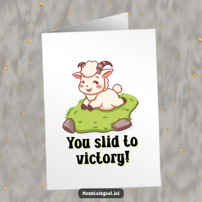 Exciting free printable congratulations card showing a smiling mountain goat character mid-slide down a grassy hill.