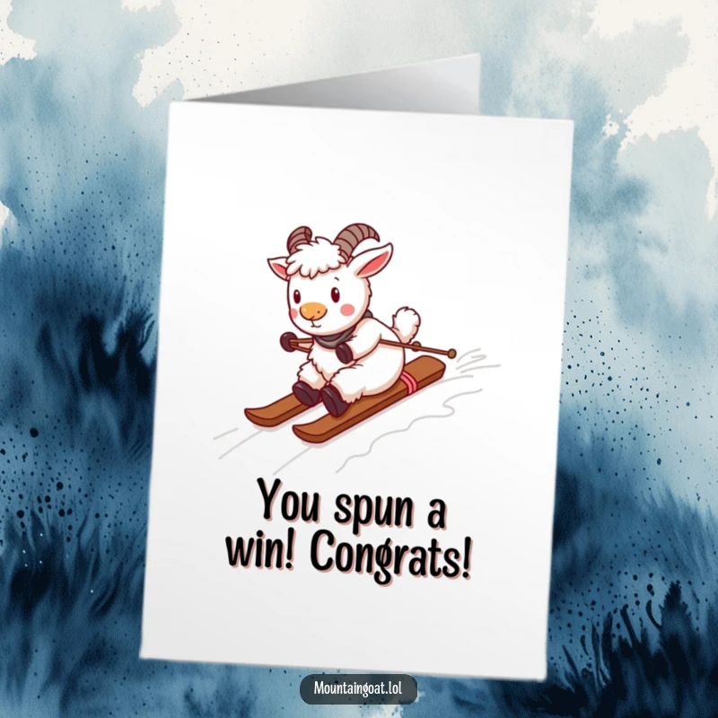 Funny Free Printable Congrats Card: A playful mountain goat zipping down a ski slope made of tangled, colorful yarn.