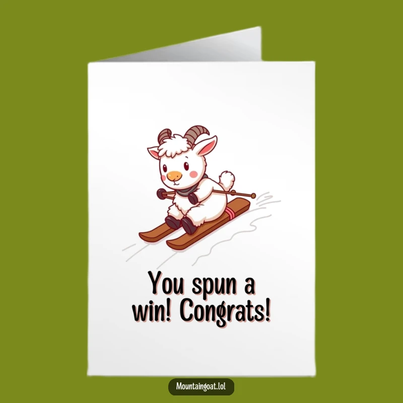 Free Printable Congrats Card: Playful Goat Yarn Skiing, Funny Downloadable for Big Wins
