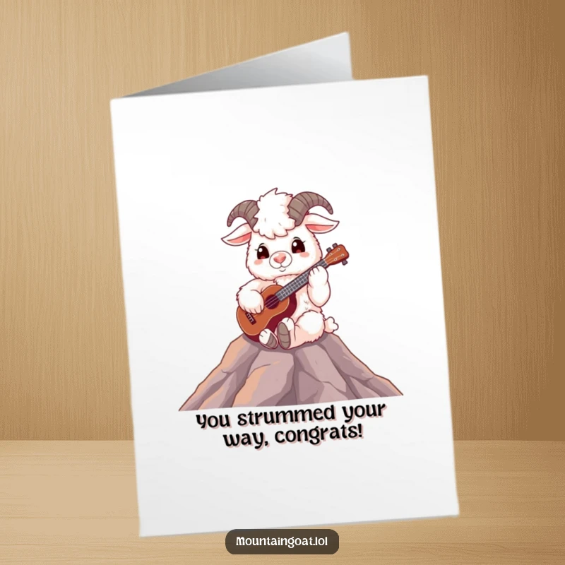 Free printable congratulations card showing a fluffy mountain goat on a peak, strumming a ukulele with a cheerful expression.