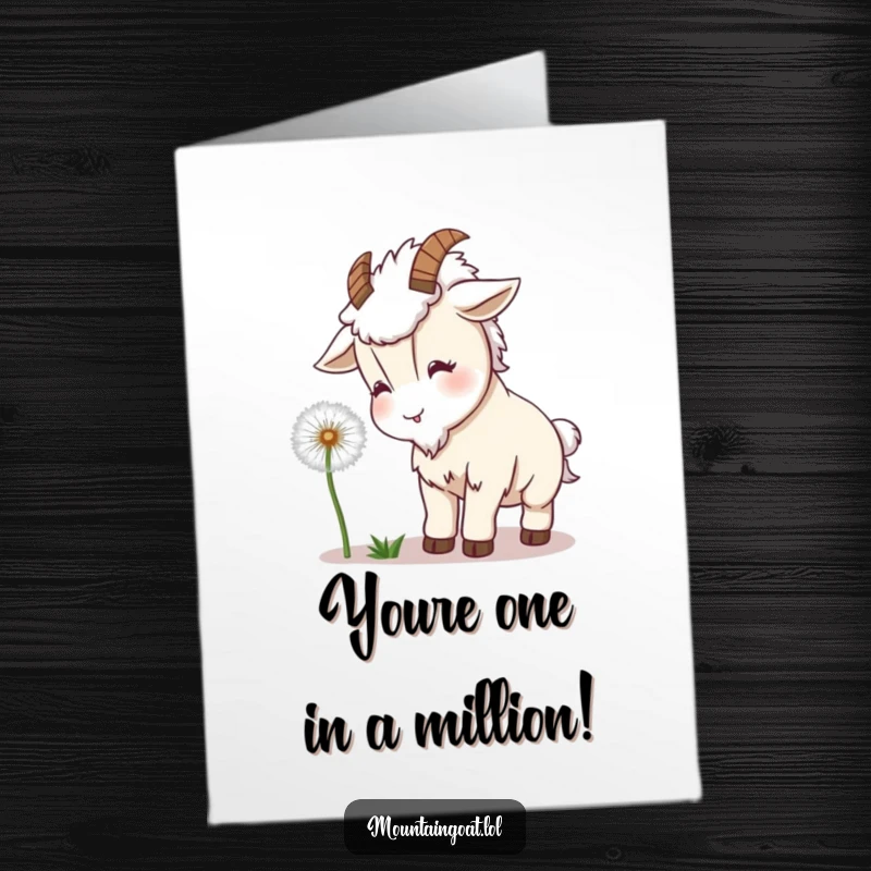 Funny Free Printable Congratulations Card: A cheerful kawaii mountain goat playfully headbutting a fluffy dandelion, sending seeds adrift.