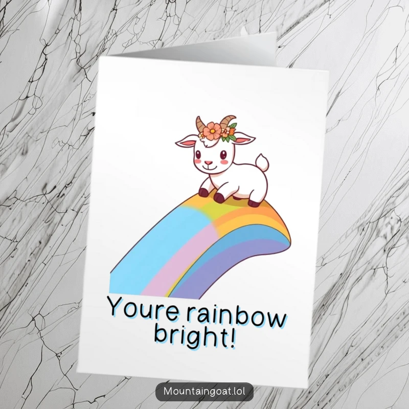 Funny Free Printable congratulations card showing a goat with a flower crown sliding joyfully down a rainbow slope, celebrating victory.
