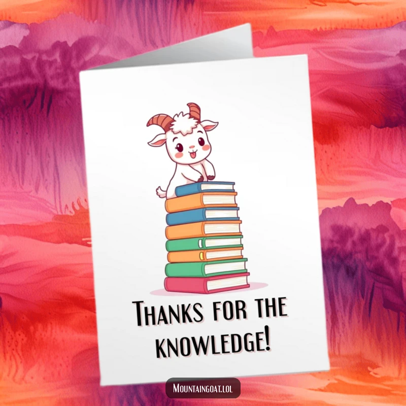 Funny Free Printable Mountain Goat Thank You Card: A determined goat climbs books, offering a cheerful and knowledgeable thank you.