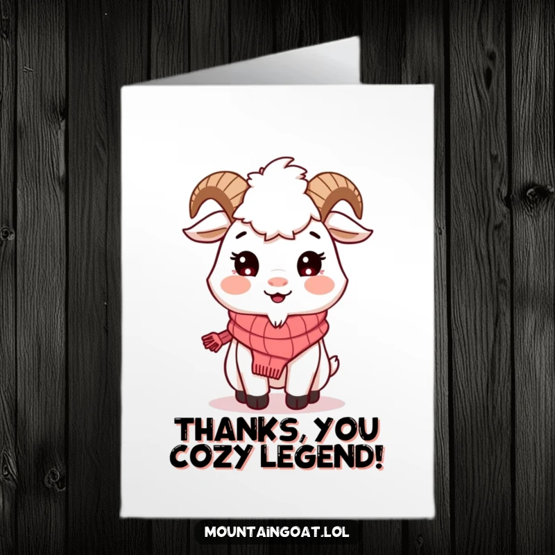 Funny Free Printable Thank You Card: A mountain goat in a knitted scarf gives a warm smile, saying thank you.