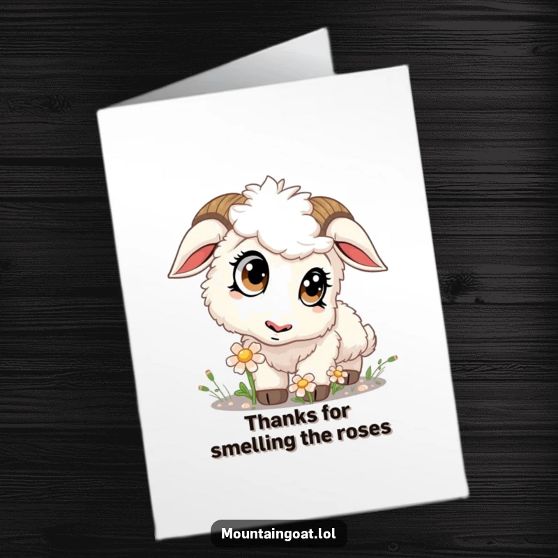Funny Free Printable Kawaii Mountain Goat Card: Fluffy goat with big eyes sniffing a flower, expressing thanks.