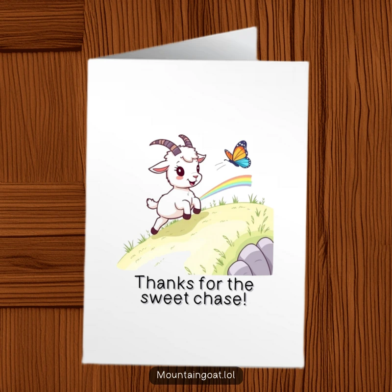 Funny Free Printable Thank You Card: A playful mountain goat delightedly chasing a rainbow butterfly.