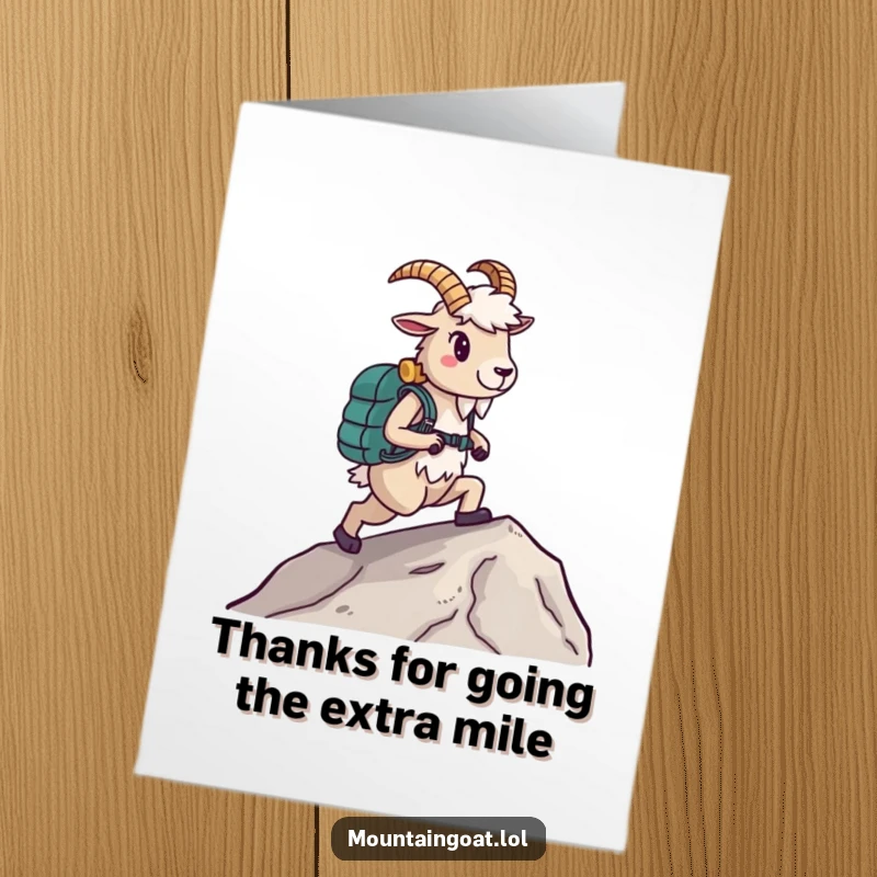 Funny Free Printable Thank You Card: A mountain goat wearing hiking boots confidently climbs a slope, thanking them for their support.