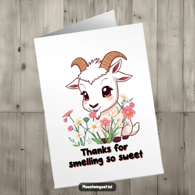Funny free printable thank you card: A curious mountain goat with wide eyes smelling a lovely bouquet of mountain flowers. Expressing gentle thanks.