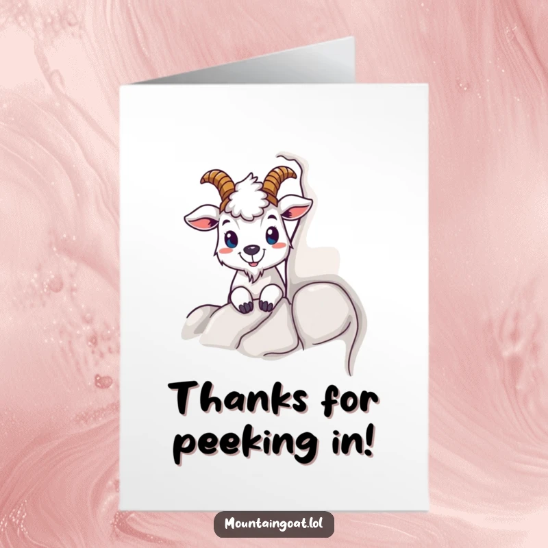 Funny Free Printable Thank You Card: Curious mountain goat peeking from behind a rock, offering a surprise thank you, a humorous downloadable gift.