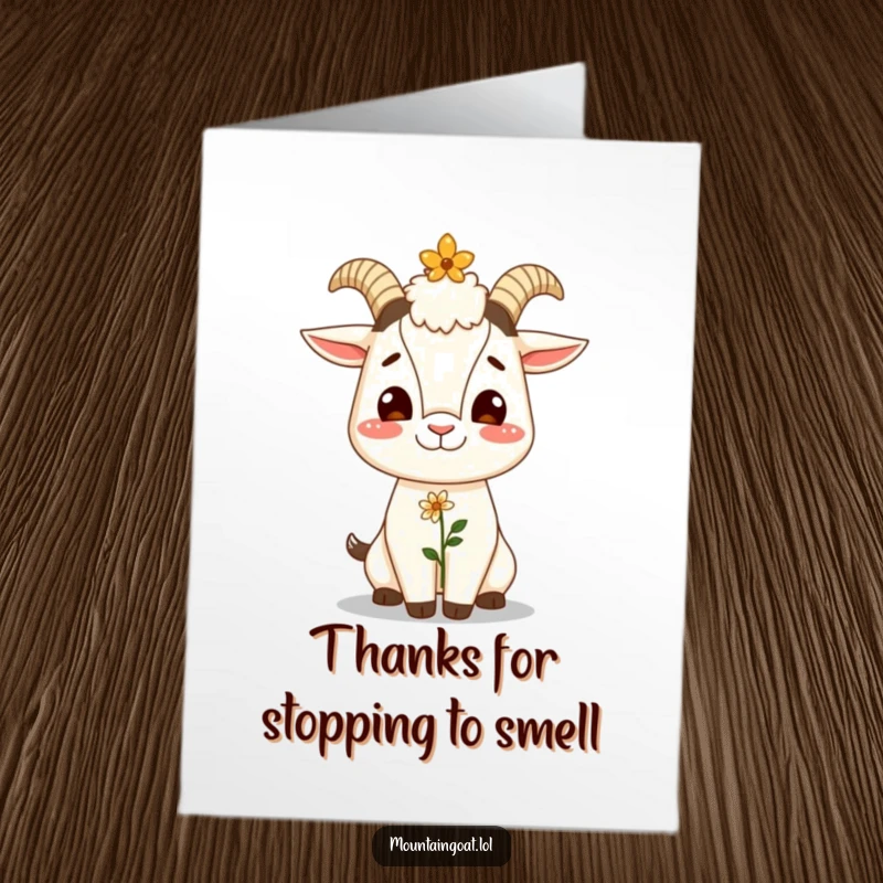 Funny Free Printable Thank You Card: Giggling mountain goat balancing a tiny flower on its nose, a delightful way to say thanks.