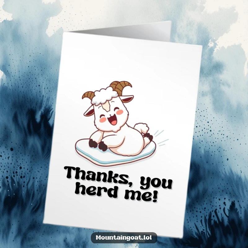 Funny Free Printable Thank You Card: A happy mountain goat belly-slides down a snowy mountain, leaving a trail of glee.